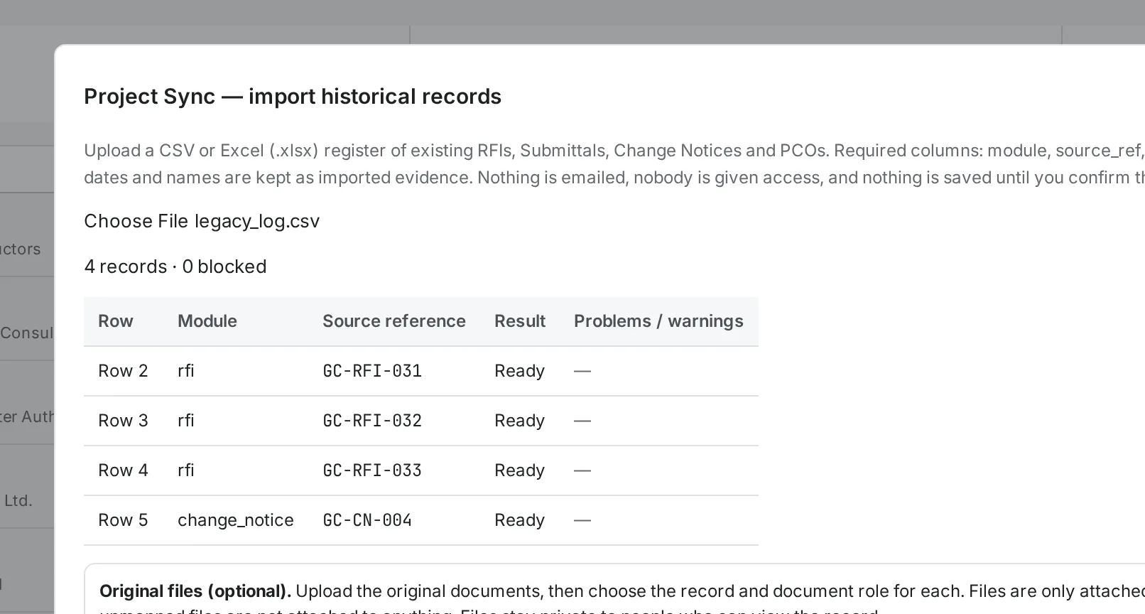 InfraLedgers Project Sync reviewing an import before confirmation
